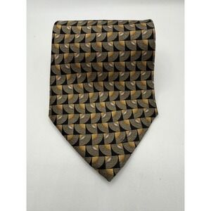 Versini Men Silk Necktie Geometric Fan Pattern Gold Tan Black Woven Classic